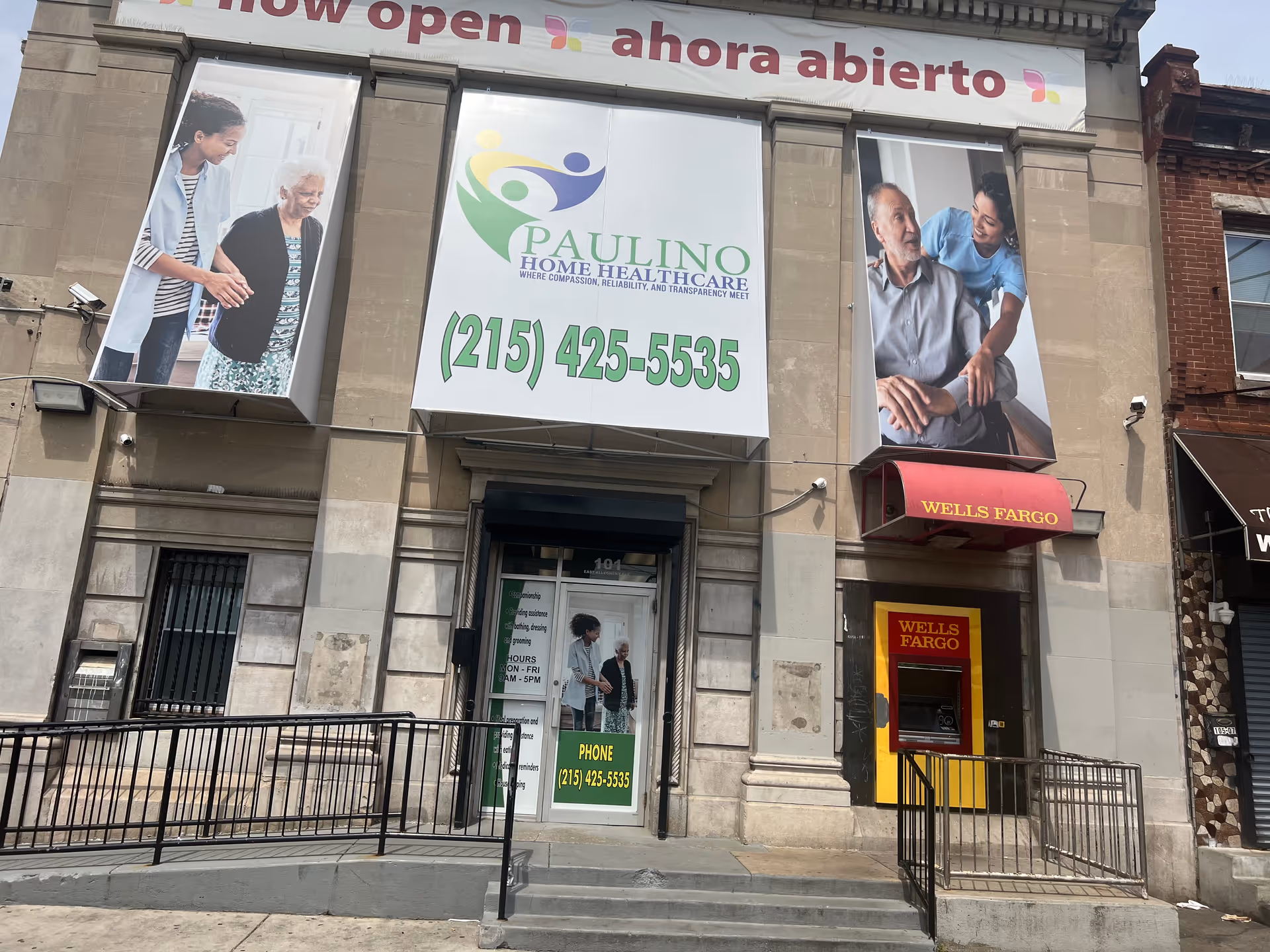 Facade of a building with Paulino Home Healthcare banners and a Wells Fargo entrance.