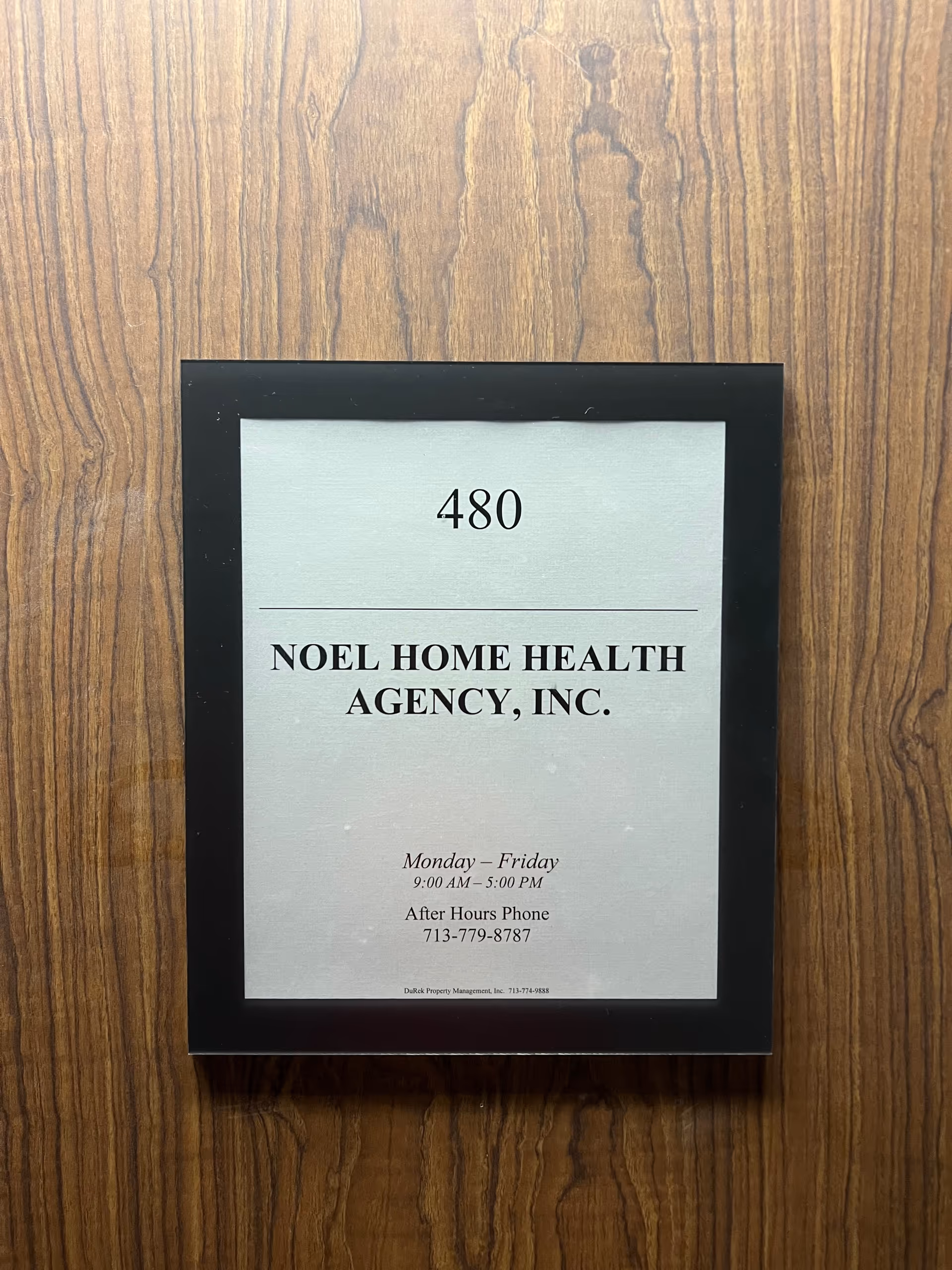 Interior wall plaque displaying 480 and Noel Home Health Agency, Inc. information.