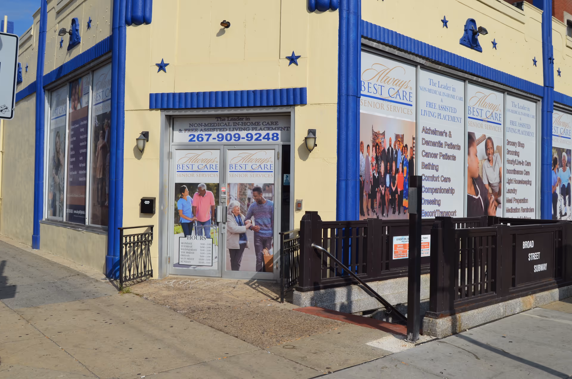 Exterior view of Always Best Care Senior Services storefront with blue trim and banners