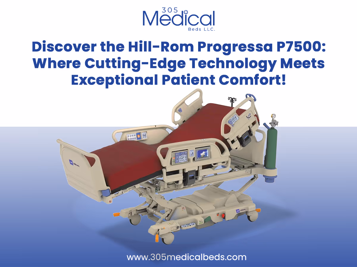 Promotional image of a hospital bed with red mattress and control panels.