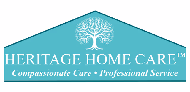 Teal Heritage Home Care sign with a white tree logo and slogan Compassionate Care, Professional Service.