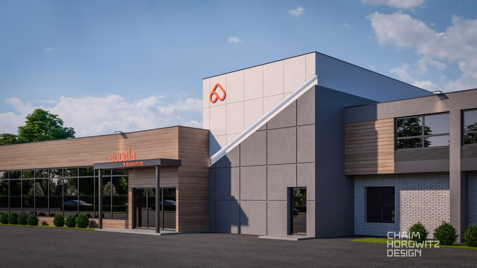 Modern senior living facility exterior with glass entry and Accela Somerton signage.