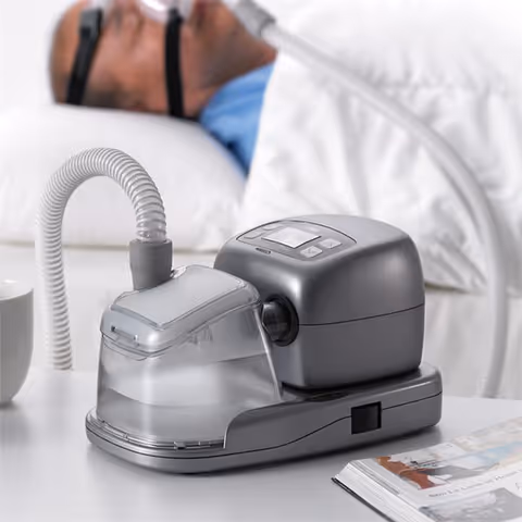 A CPAP machine sits on a bedside table beside a sleeping resident.