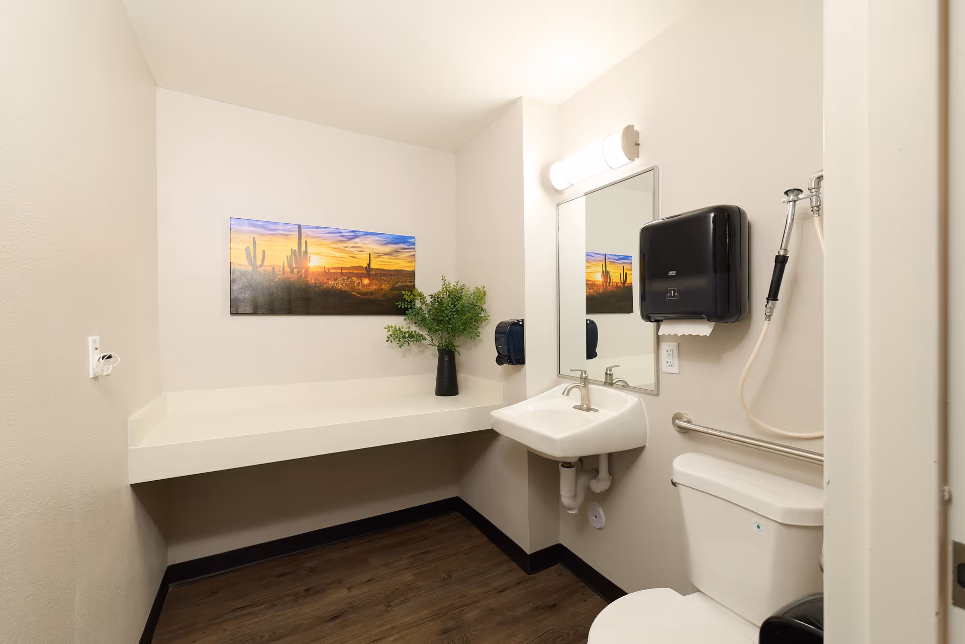 Accessible bathroom with sink, toilet, mirror, grab bar, soap dispenser, and desert artwork.