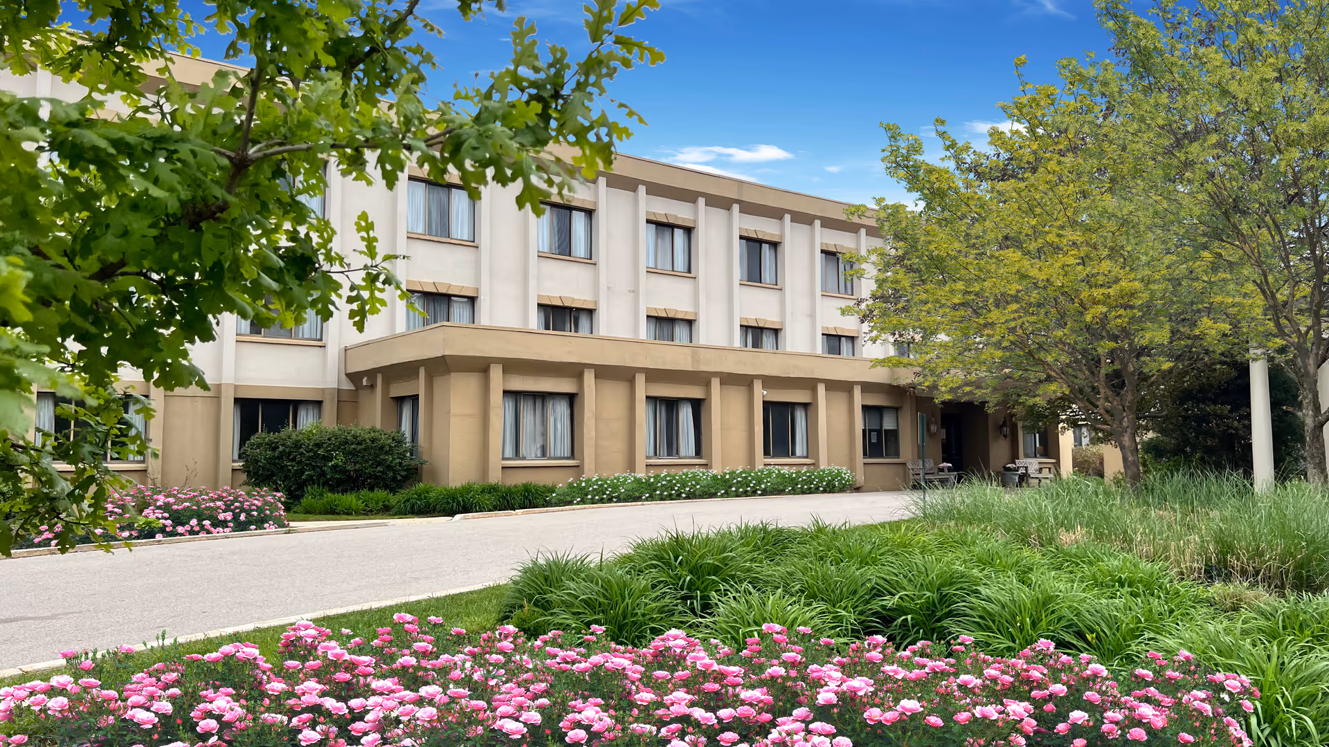 Exterior view of Bella Terra Lombard facility with landscaped entrance and blooming pink flowers.