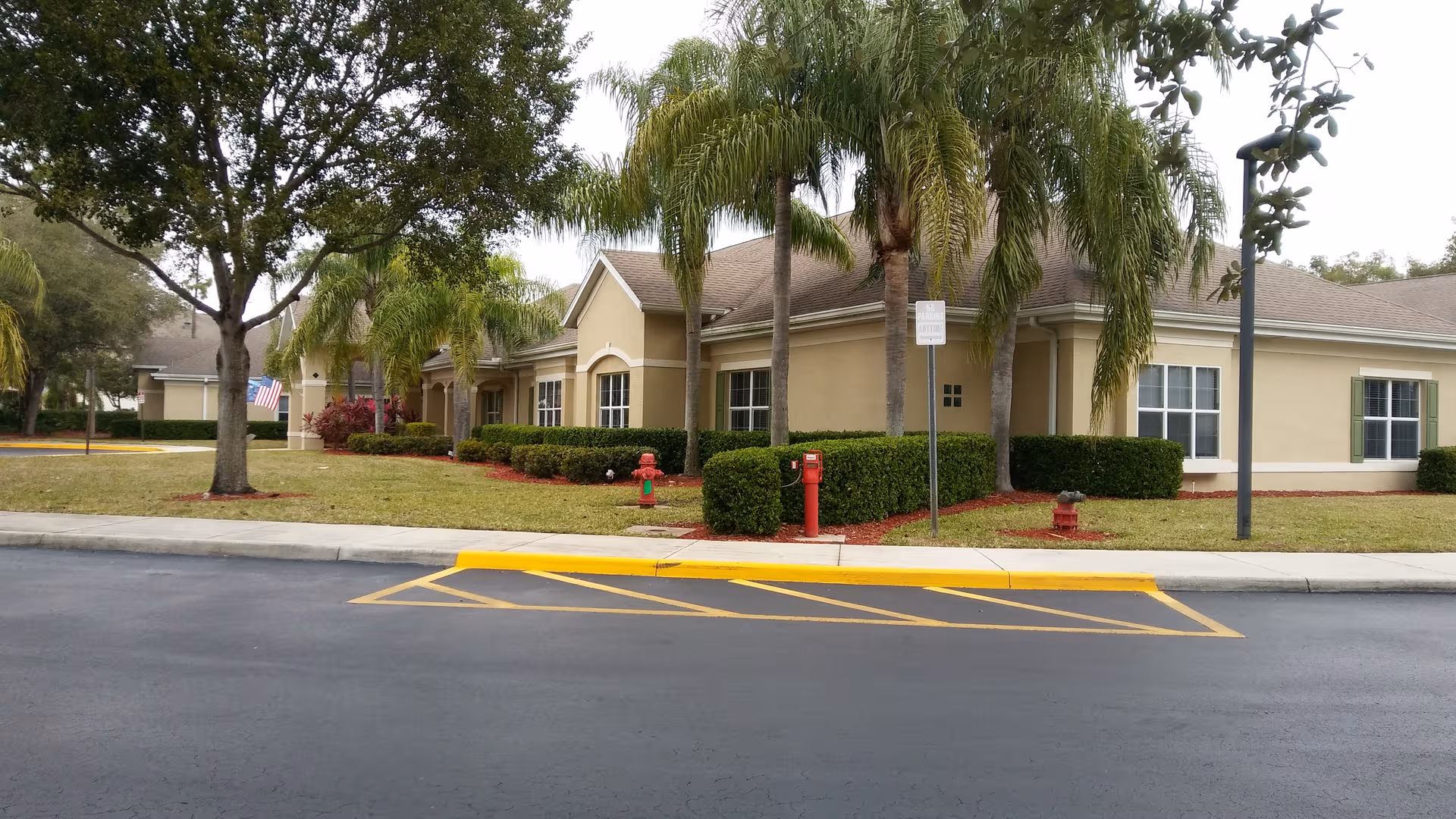 Single-story beige senior living facility with palm trees, shrubs, and a paved roadway.