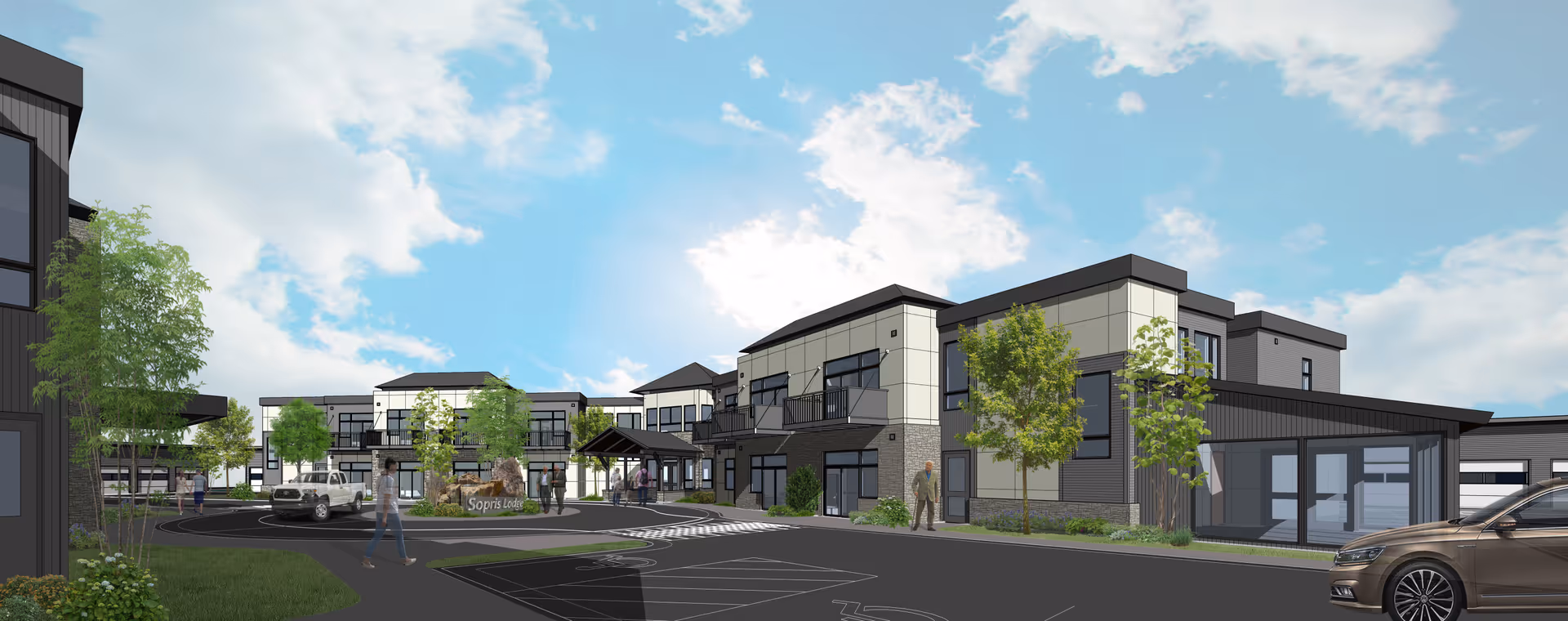 Exterior rendering of Sopris Lodge at Carbondale Senior Living with parked cars and trees.