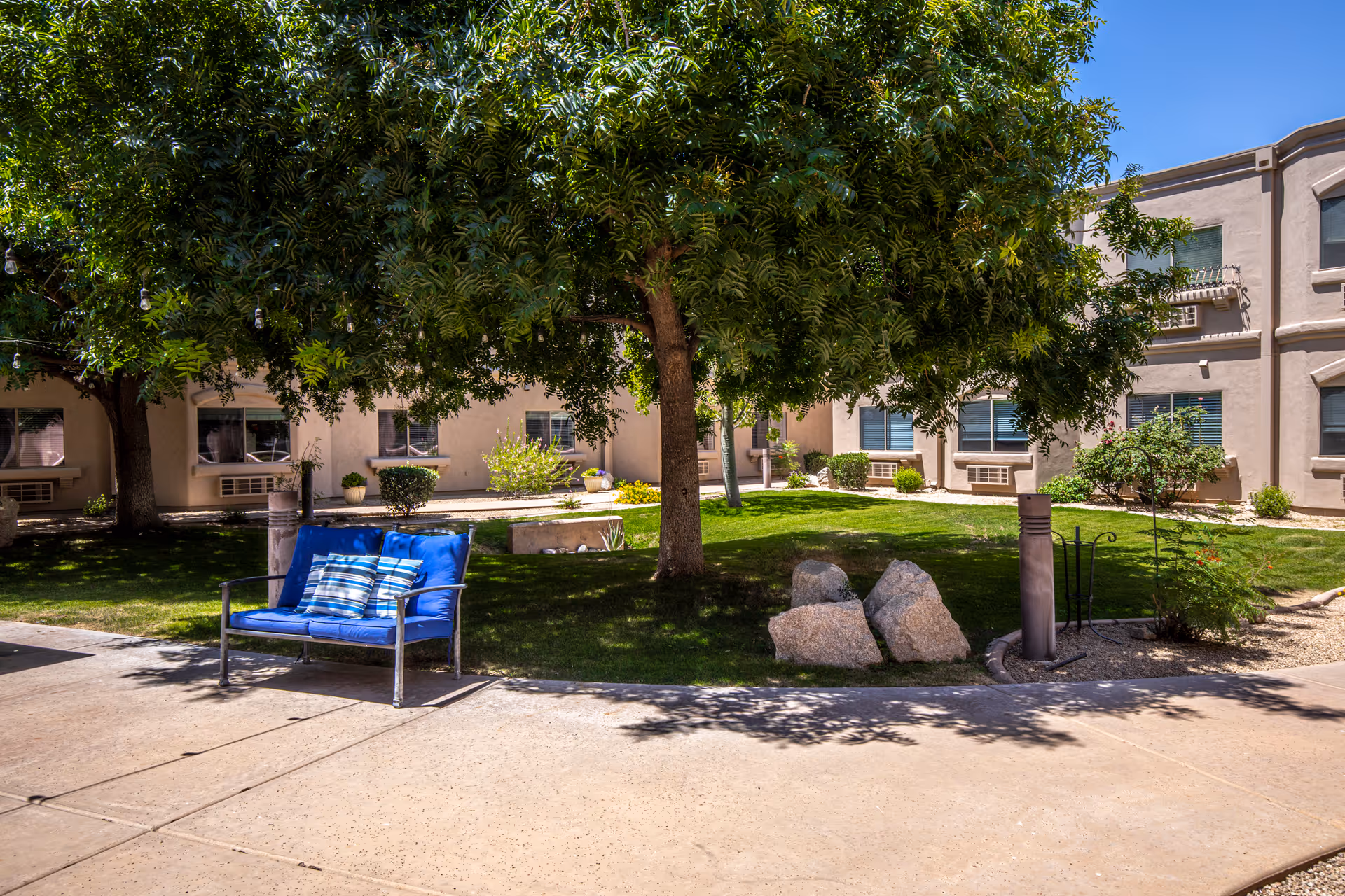 Outdoor courtyard area with a large tree providing shade, a blue cushioned bench with striped pillows, green grass, rocks, and beige building walls with windows in the background under a clear blue sky.