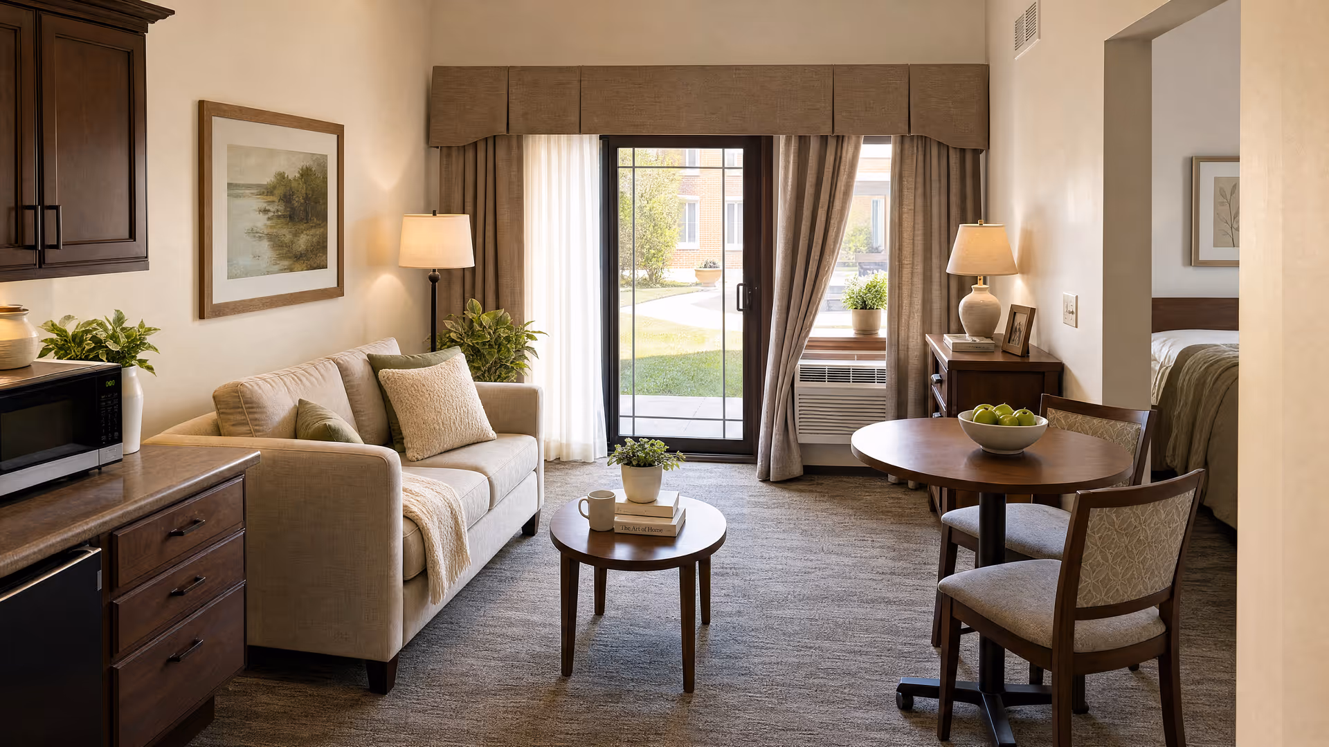 Cozy living area with beige sofa, coffee table, dining table, plants, and sliding glass door.