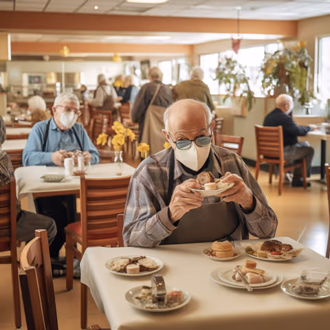 Senior residents dining in a bright cafe-style dining room with desserts.