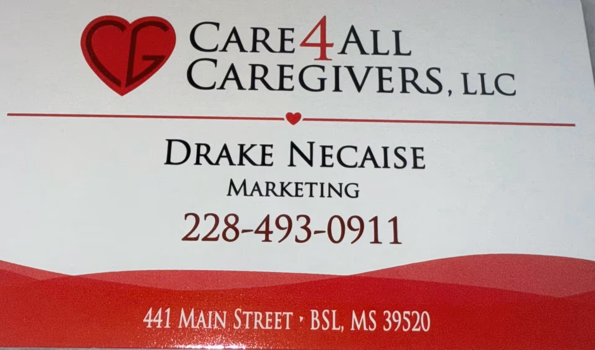 Care4All Caregivers sign with heart logo and contact information