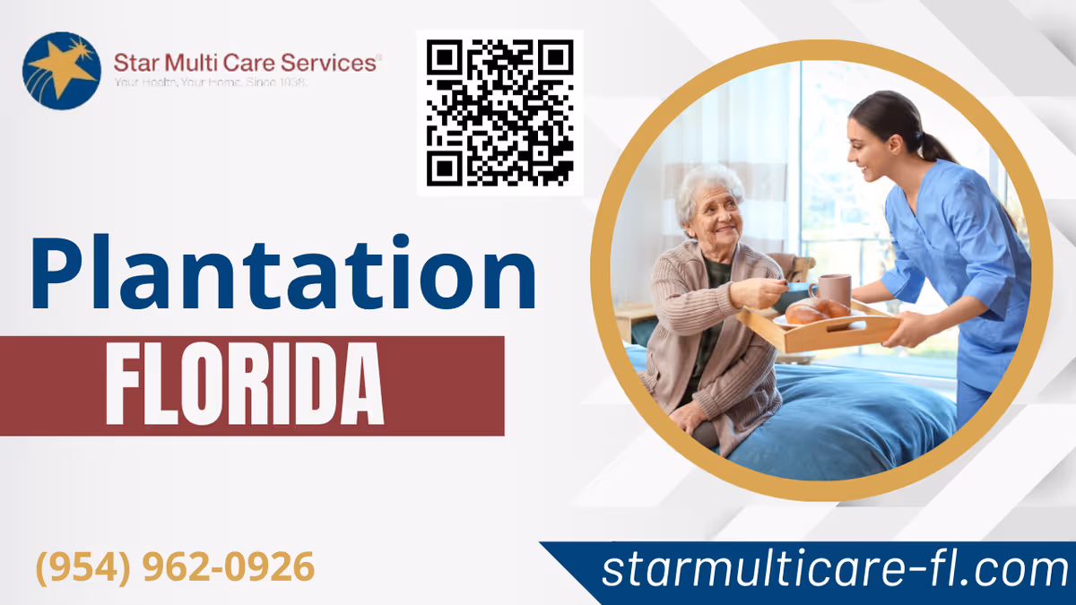 Caregiver offers breakfast to elderly woman in a care facility, beside a Star Multi Care banner.