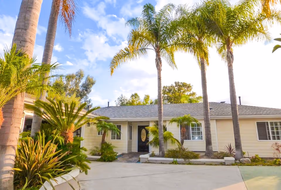 Single-story facility entrance with palm trees and manicured landscaping along a curved driveway.
