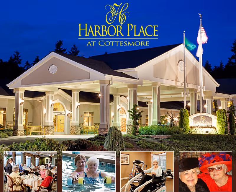 Exterior view of Harbor Place at Cottesmore with lit entrance and porte-cochere.