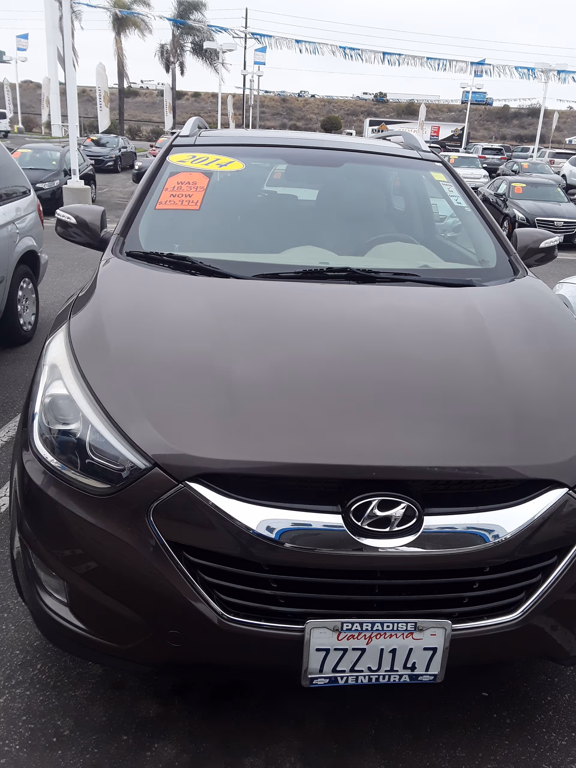 Front view of a brown Hyundai in a dealership lot with a price tag on windshield.