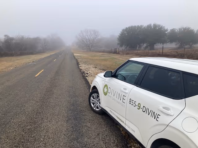 Foggy rural road with a white Divine Home Care Services van parked on the right.
