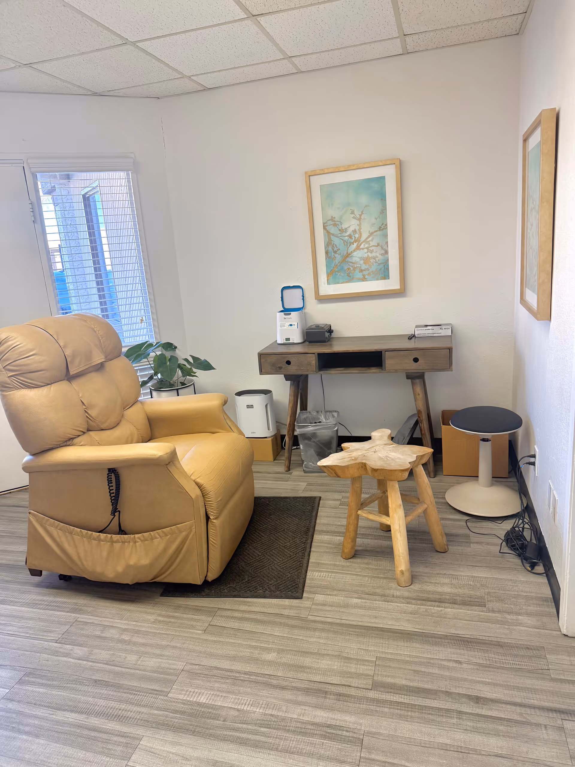 Cozy lounge with beige recliner, wooden desk, plant, framed art, and stool.