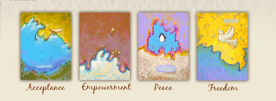 Beige wall displays four colorful art panels labeled Acceptance, Empowerment, Peace, Freedom.