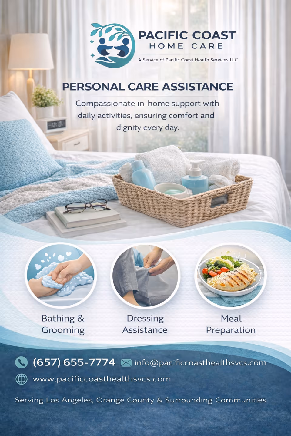 A neatly arranged bedroom with a bed, nightstand lamp, and toiletries basket.