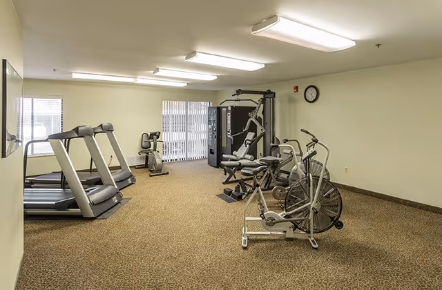 Interior fitness room with treadmills, stationary bike, weight machine, and carpeted floor.