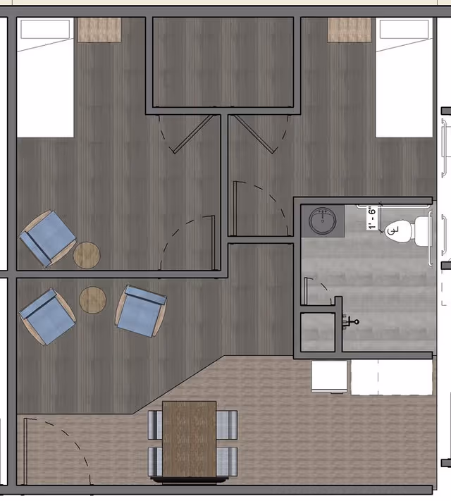 Architectural floor plan of a senior living unit with bedrooms, bathroom, and common areas.