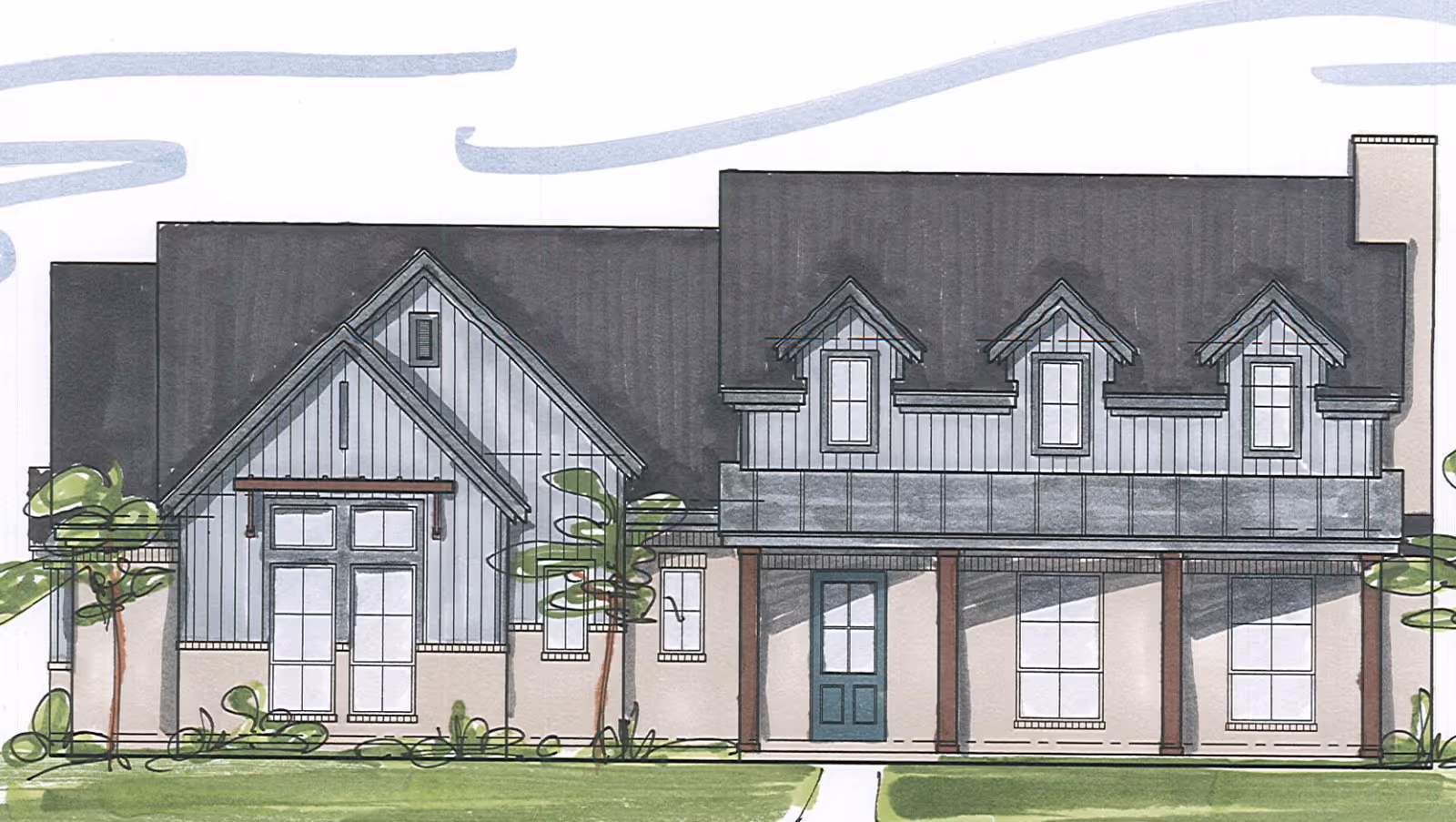 Illustration of a single-story house with a dark roof, light-colored walls, and three dormer windows. The house has a front porch supported by columns, a blue front door, and several windows. There are small trees and shrubs in the front yard with a green lawn and a sidewalk leading to the entrance.
