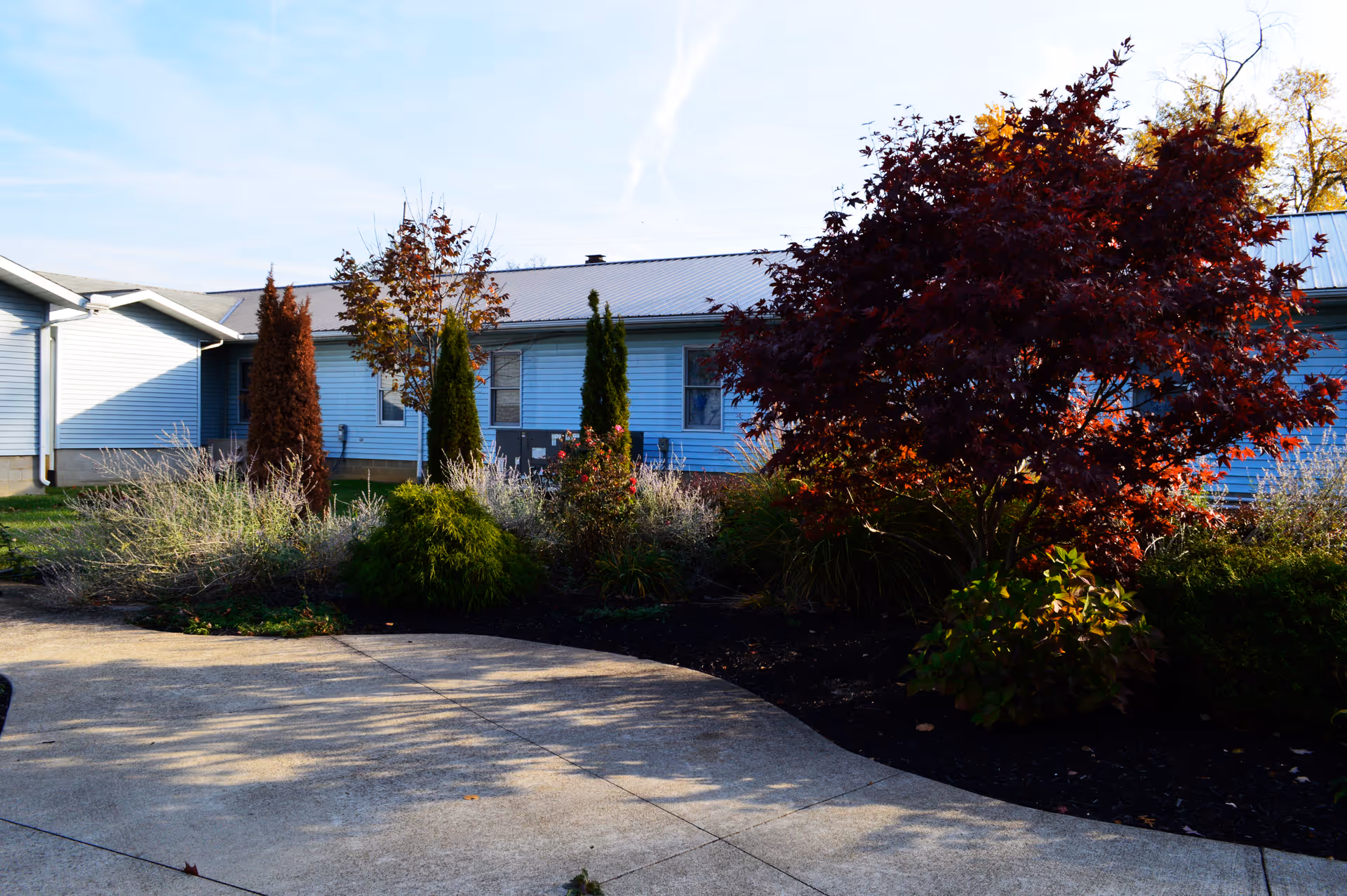 Blue single-story building exterior with curved walkway and landscaped shrubs.