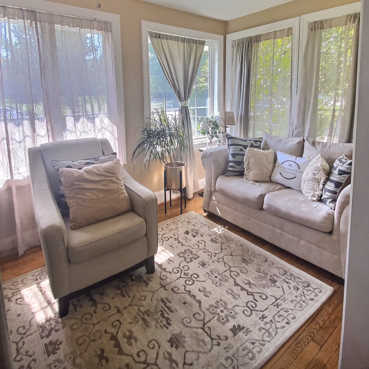 Bright living room with beige sofa, armchair, plant, and patterned rug by windows.