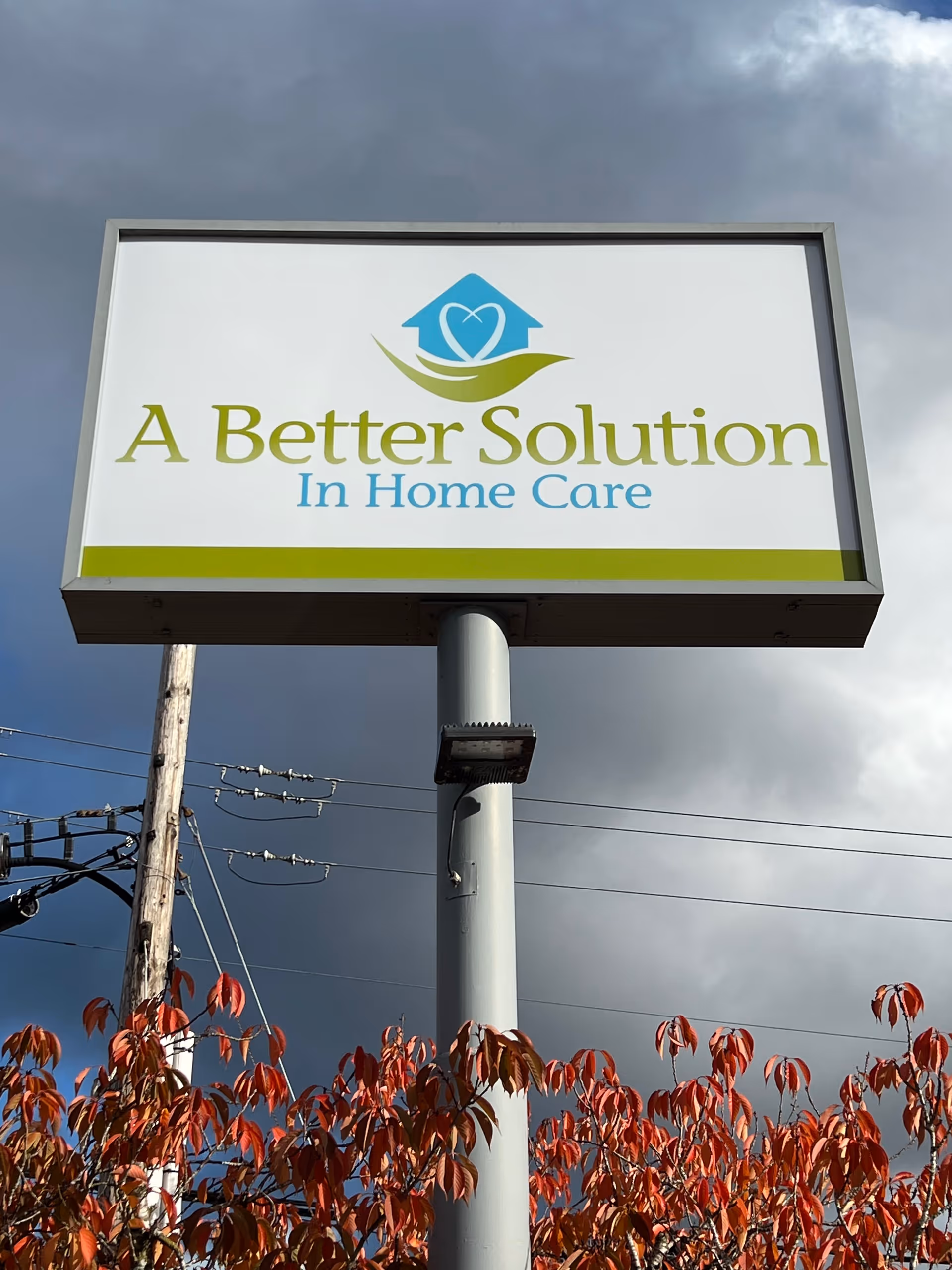 Outdoor sign for A Better Solution In Home Care mounted on a tall pole.