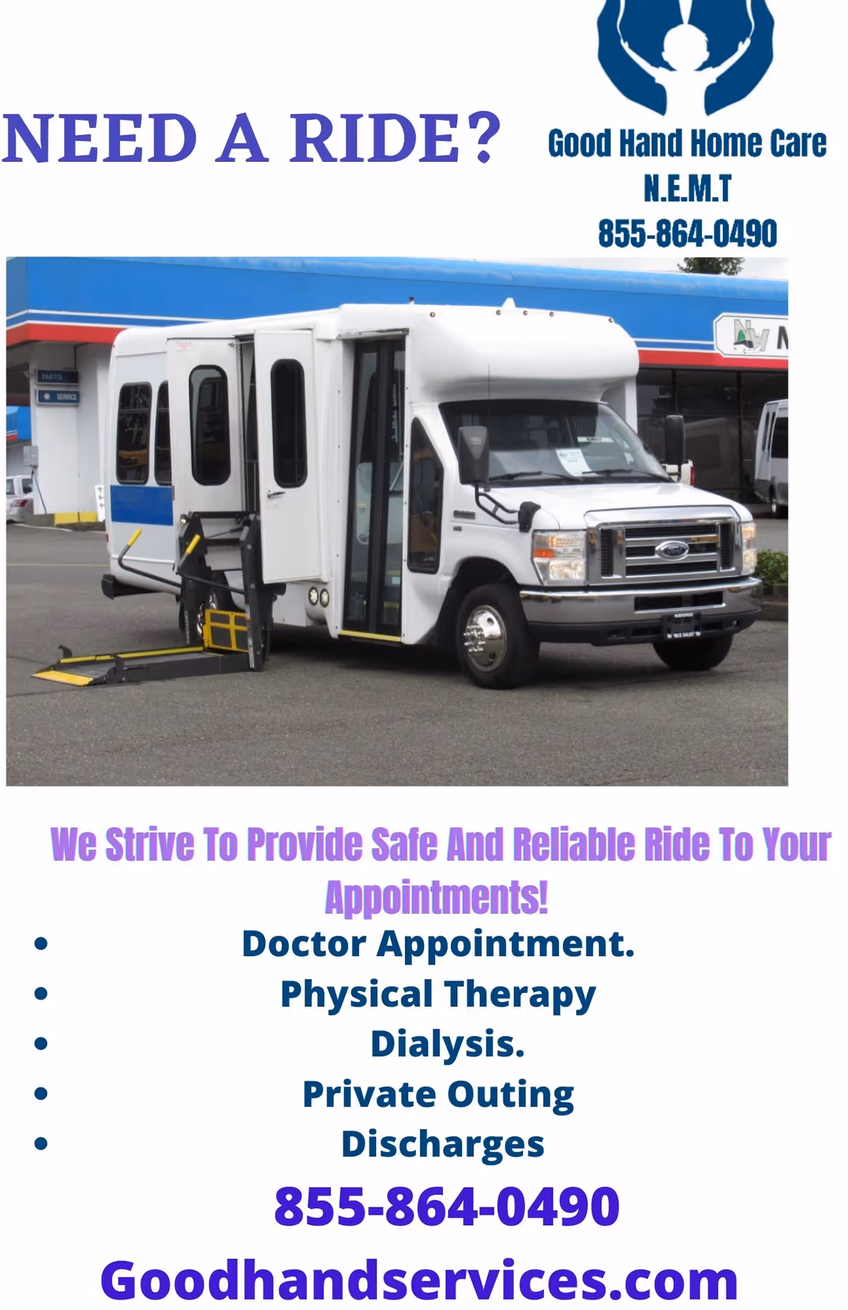 White shuttle bus parked outside a facility with Good Hands Home Care promotional text.