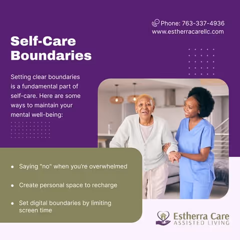 Promotional Estherra Care flyer with two people in a modern interior setting.
