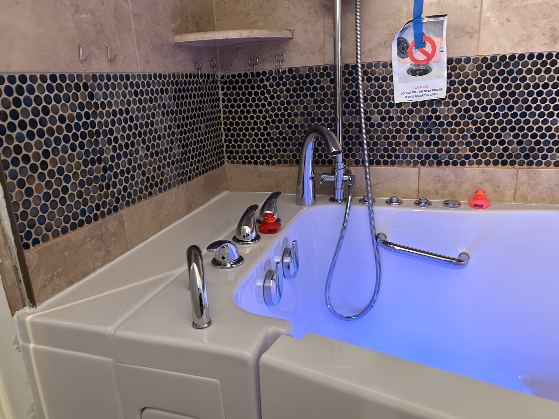 Accessible walk-in tub in a tiled bathroom with a handheld shower.