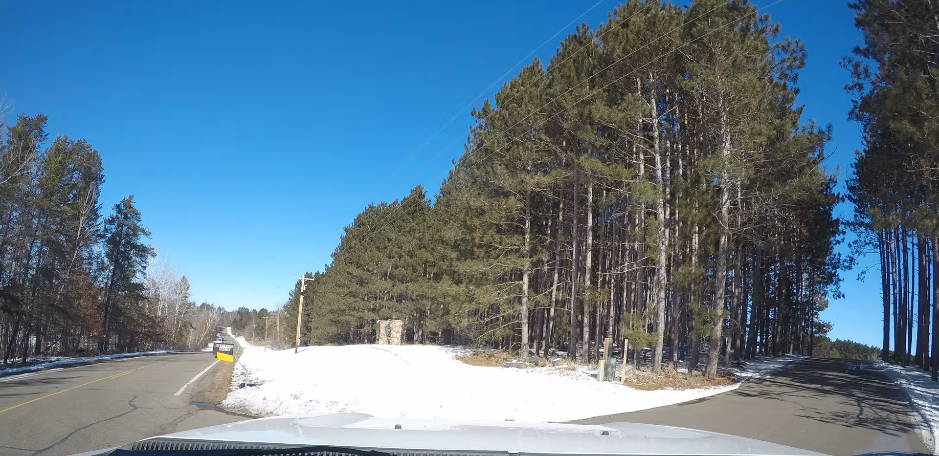 View from a car of a snowy road flanked by tall pine trees and blue sky.