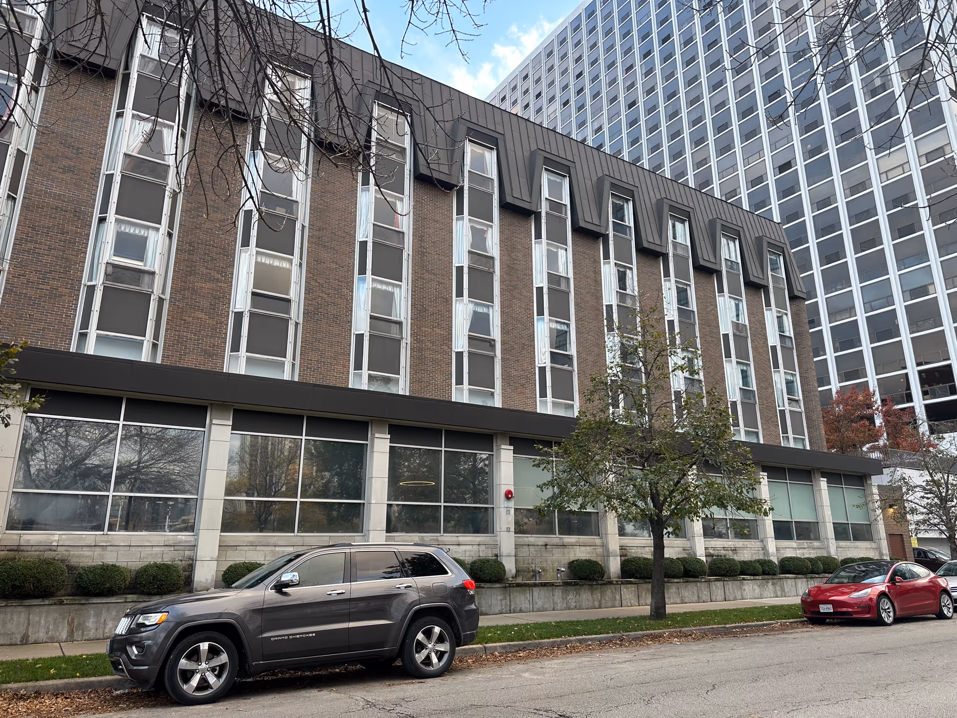 Front exterior of a multi-story brick building with vertical windows, a tree on the sidewalk, and cars parked along the street.