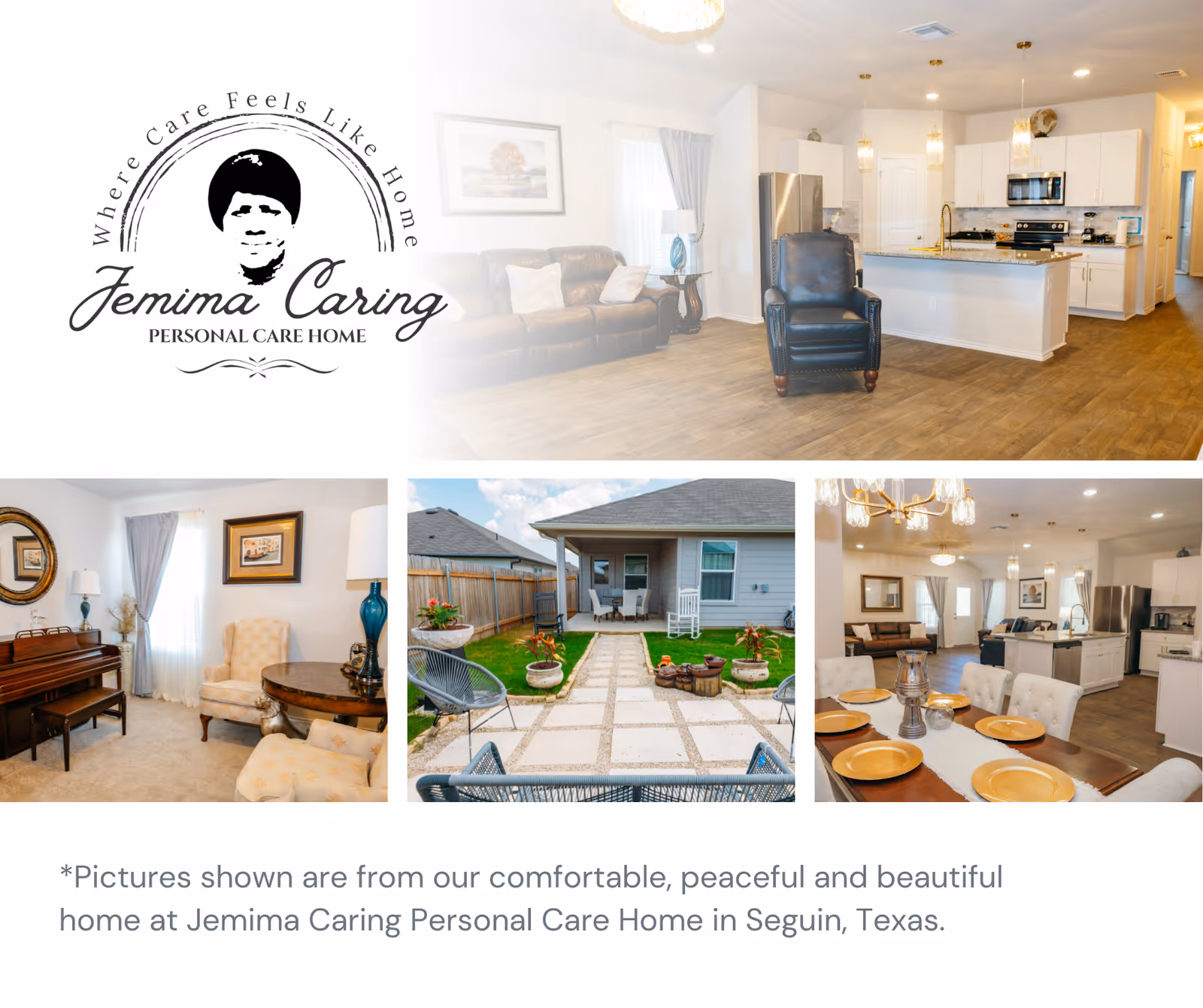 Collage shows living room, dining area, kitchen, and outdoor space at Jemima Caring Personal Care Home.