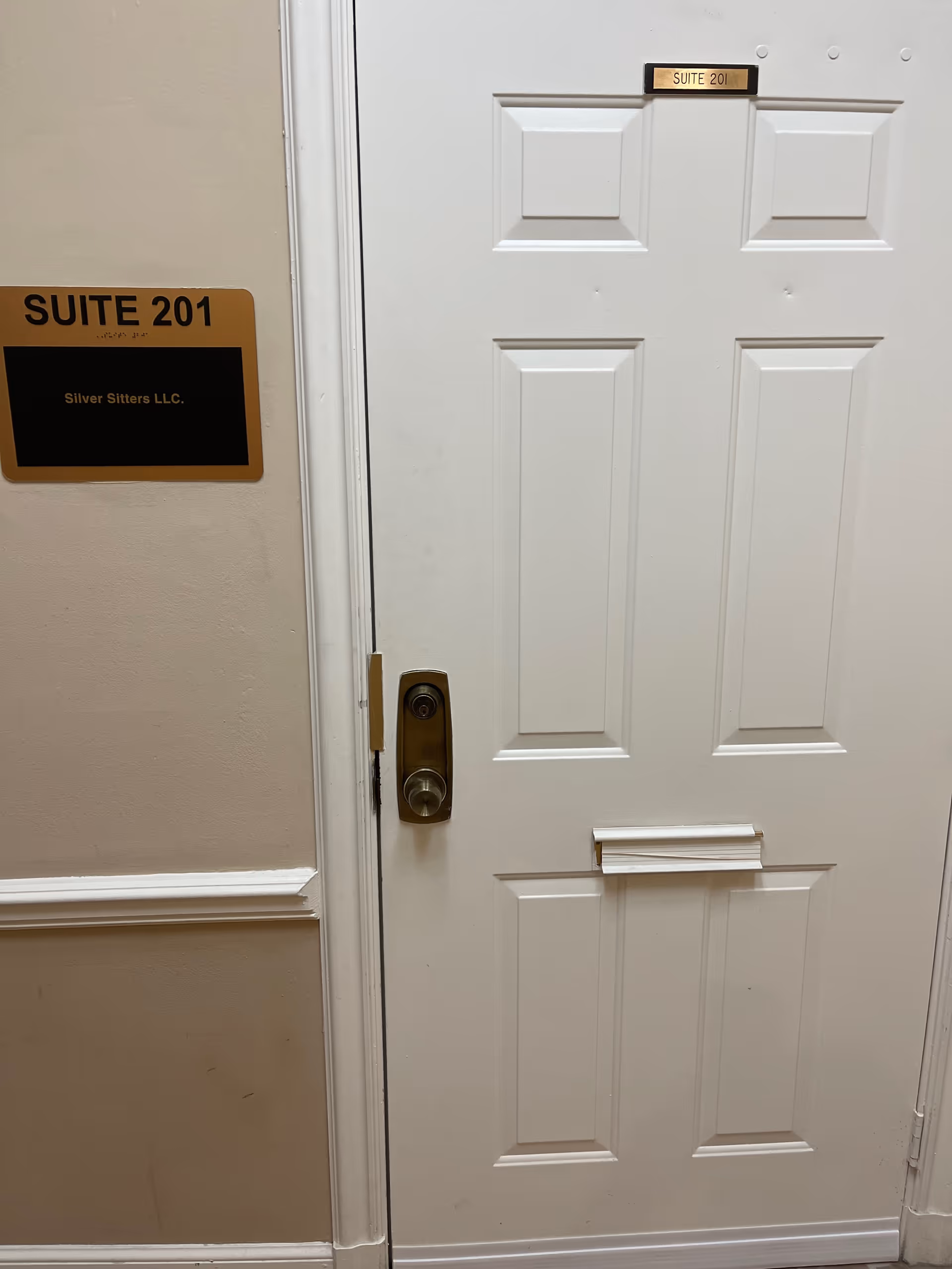 White interior suite door labeled Suite 201 in a hallway of a facility.