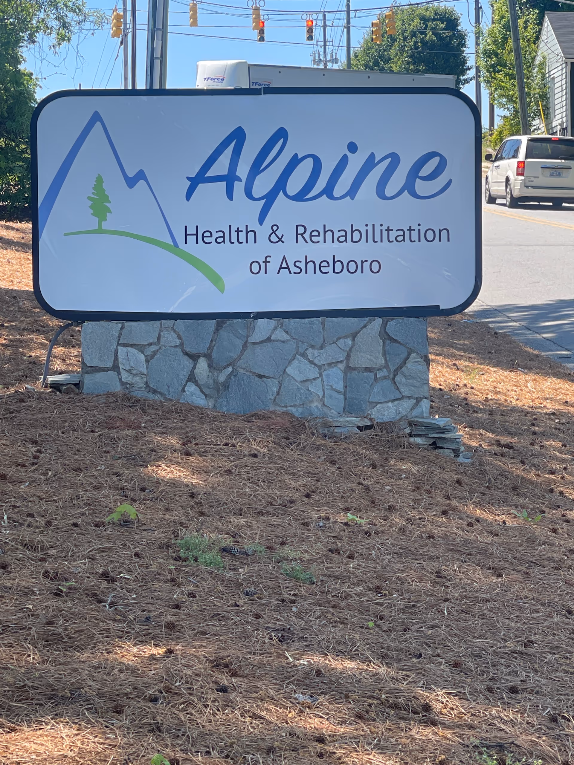 Alpine Health & Rehabilitation sign on a stone base beside the road.