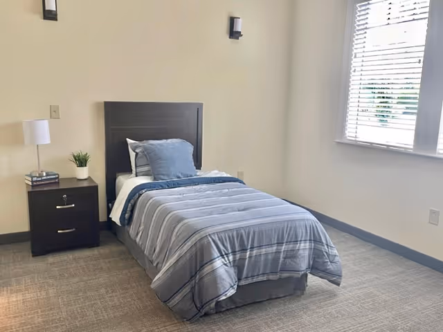 A single blue-striped bed with pillow, nightstand, lamp, plant, and window in a beige bedroom.