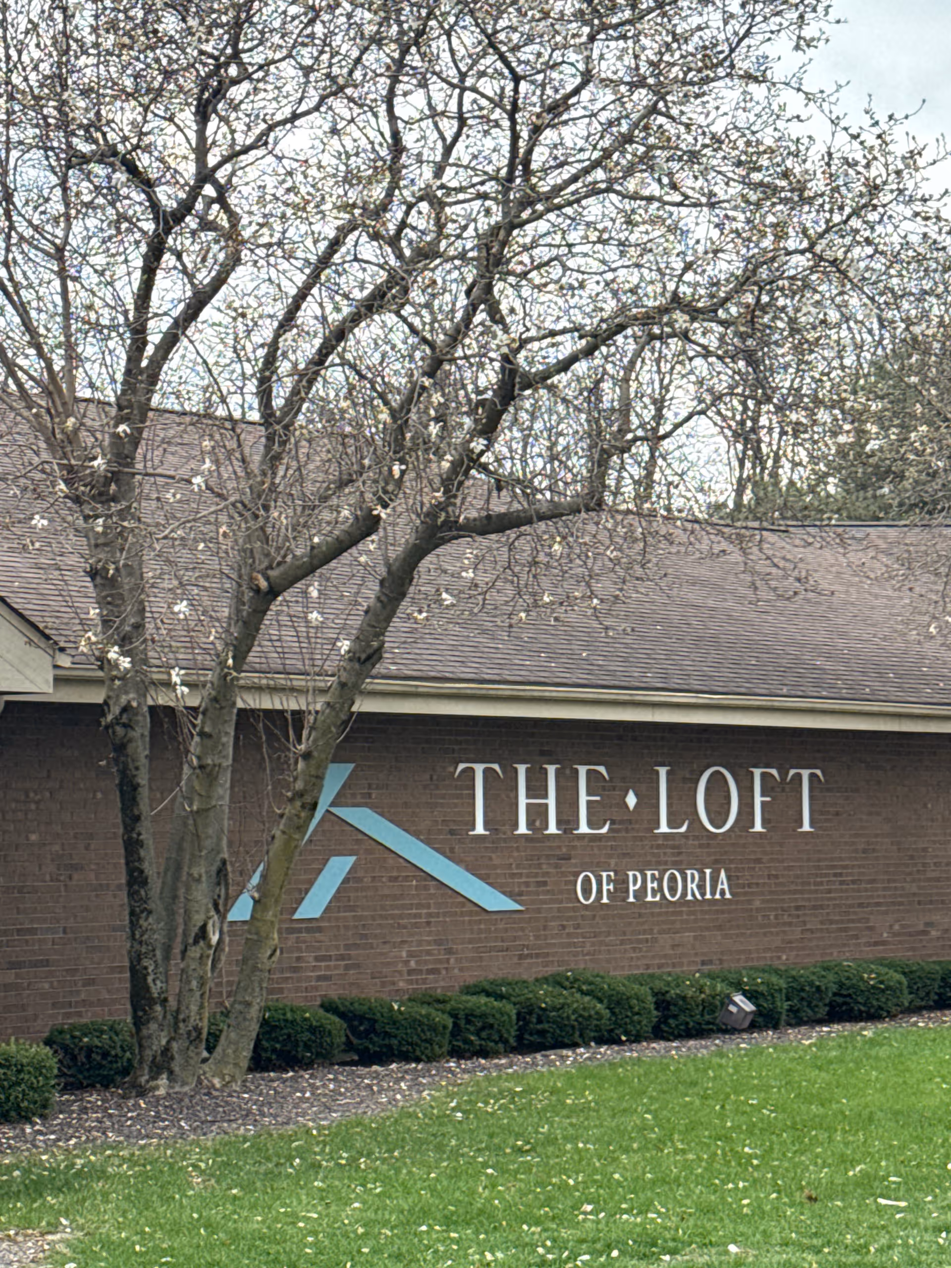 Exterior brick wall with The Loft of Peoria sign, trees, and trimmed hedges.