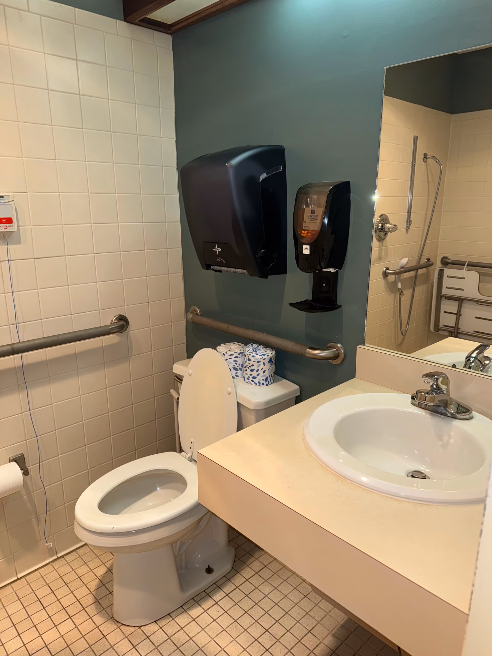 Bathroom in a senior living facility with toilet, sink, mirror, and grab bars.