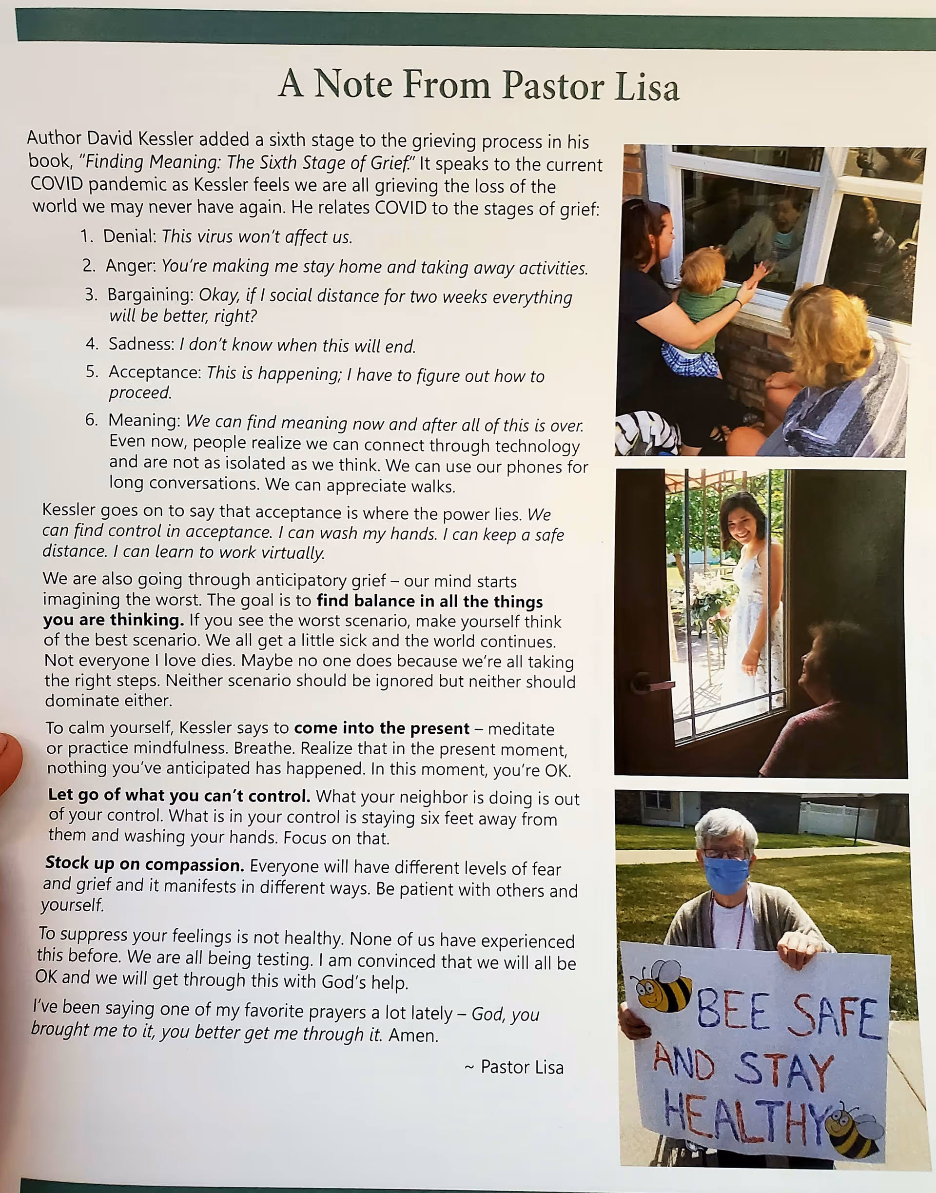 A Note From Pastor Lisa page with three photos of people and a Bee Safe sign.