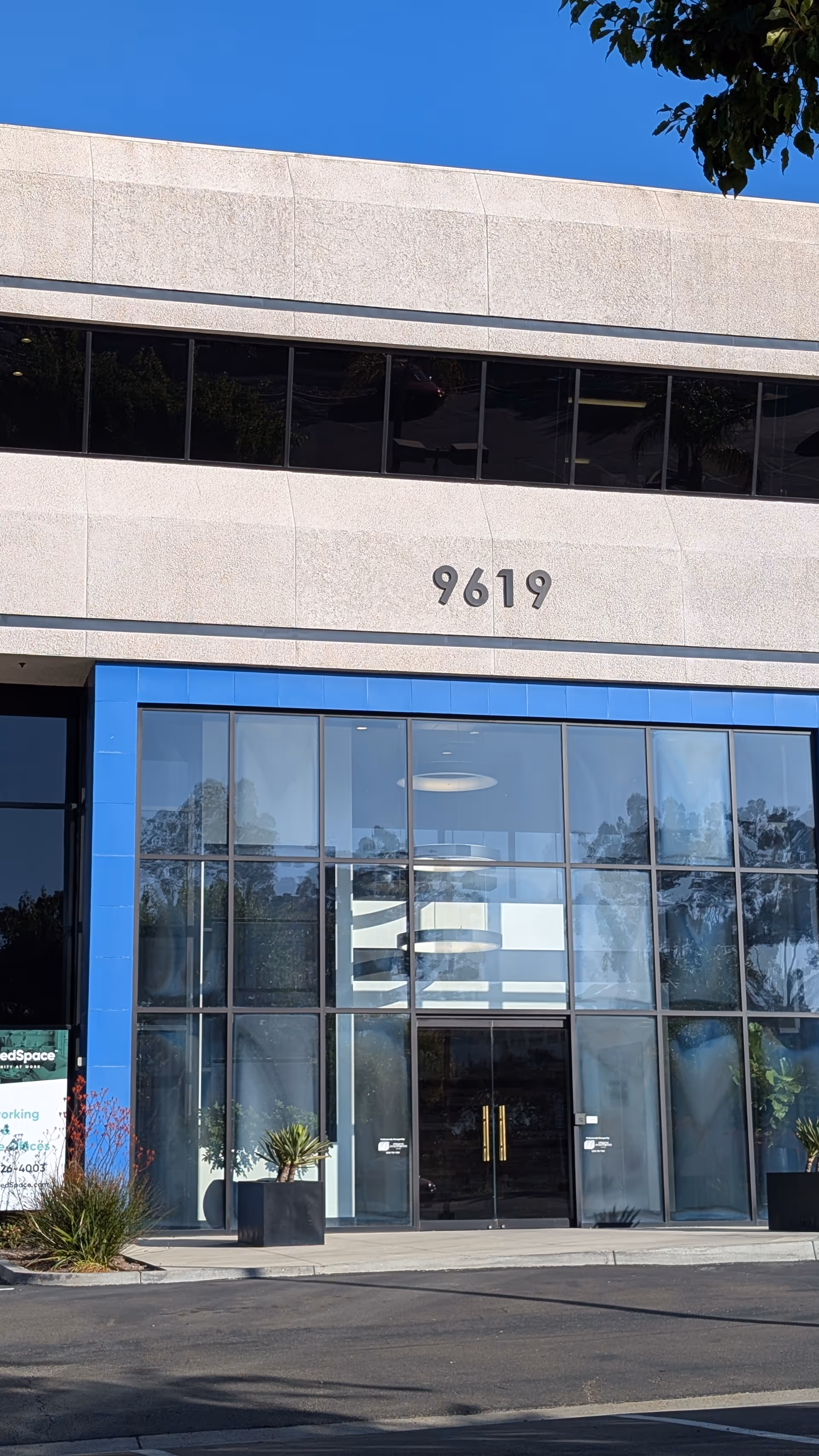 Modern building facade with glass entrance, blue trim, and the number 9619.