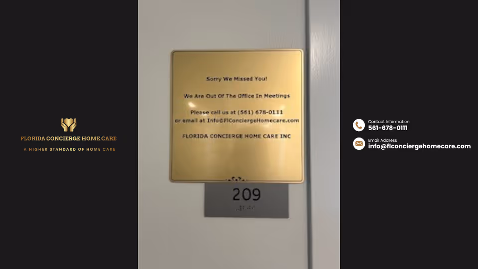 Brass plaque on interior door displaying room number 209 and contact details.