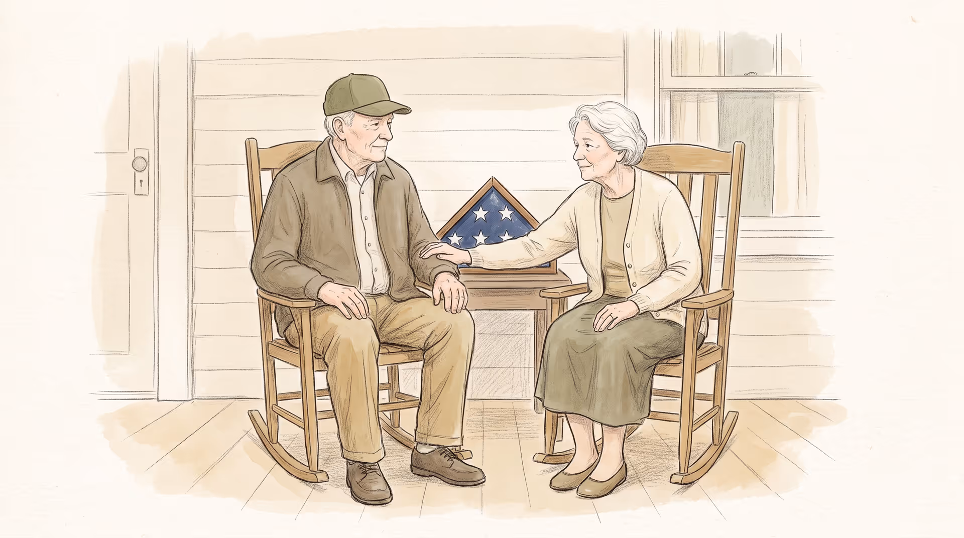 An elderly veteran and his wife sit in rocking chairs on a porch beside a folded American flag in a display case