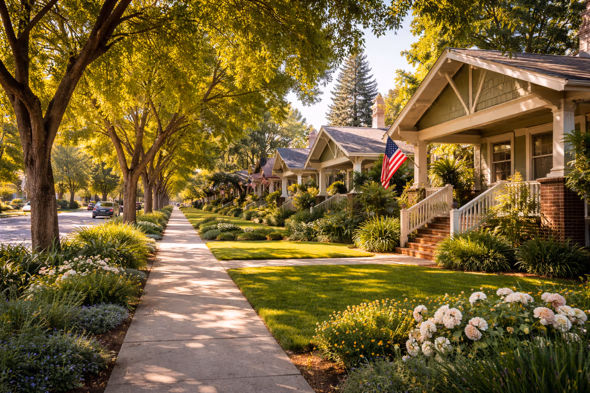 Row of bungalow-style senior homes with manicured lawns, trees, and a waving American flag.