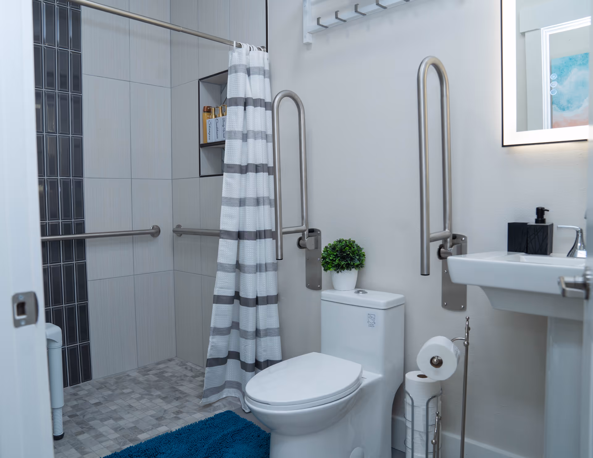 Accessible bathroom with toilet, sink, shower, grab bars, and a striped shower curtain.