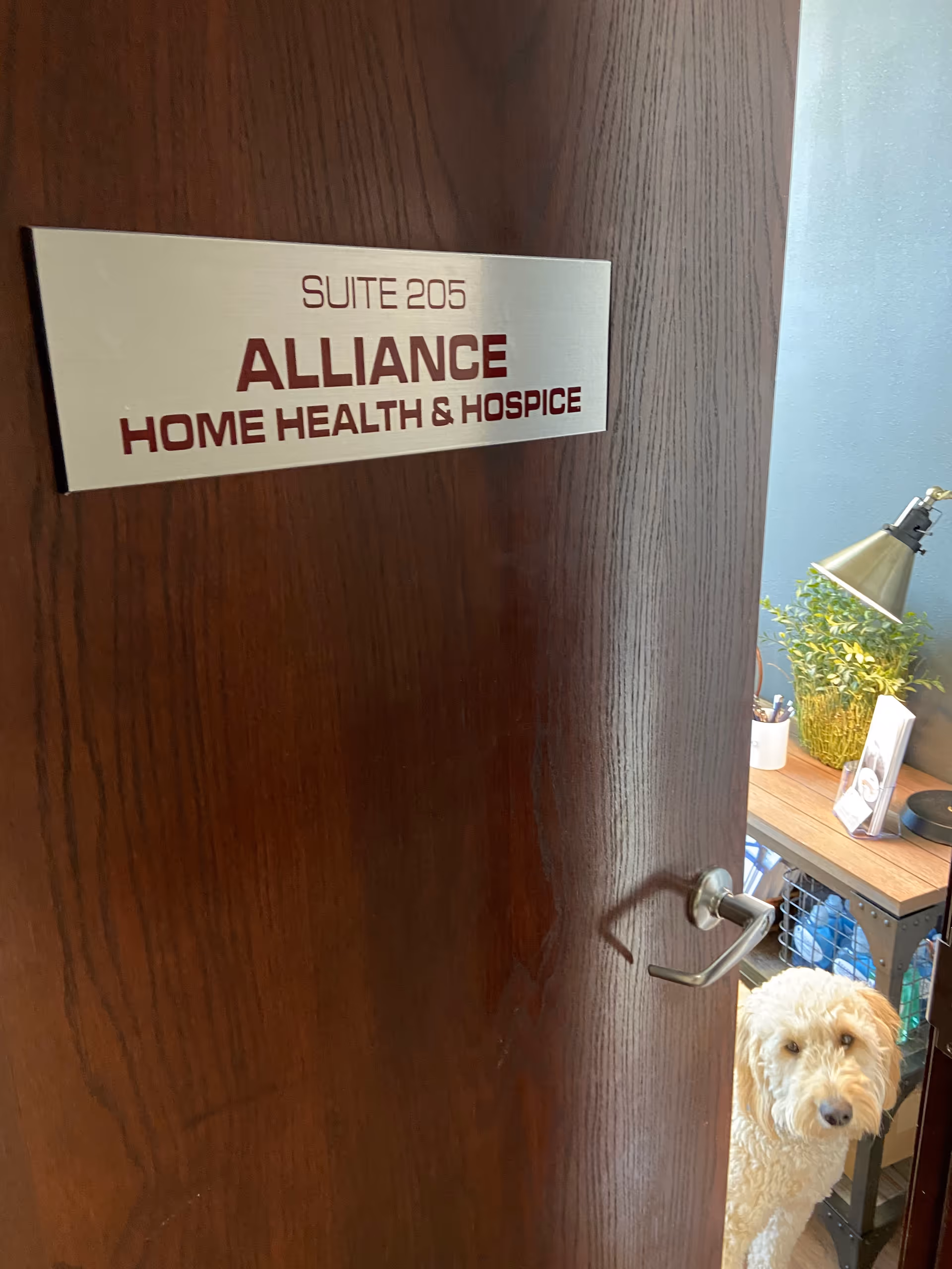 Door sign reads Alliance Home Health and Hospice Suite 205; a dog peeks from doorway.