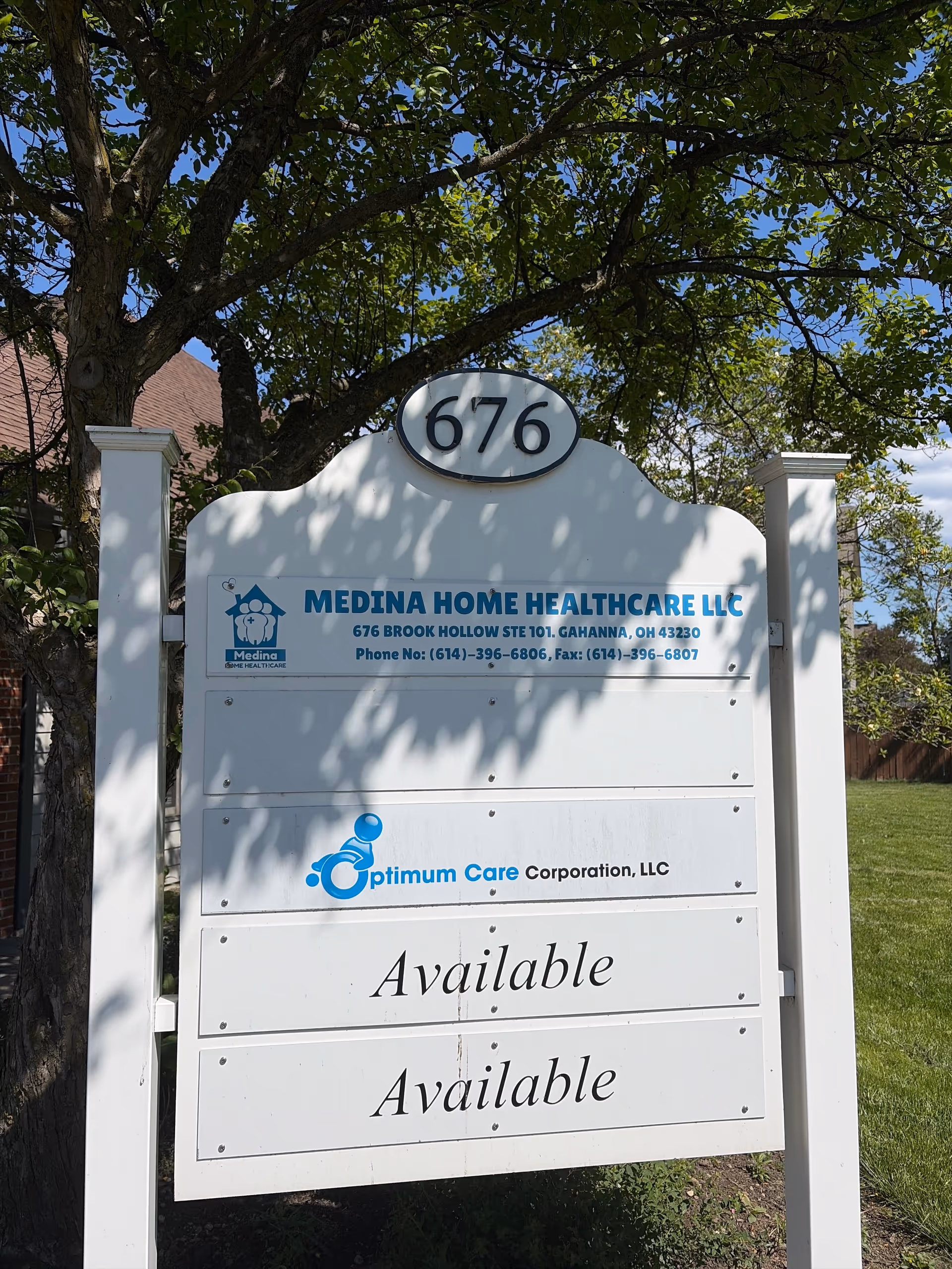 An outdoor white multi-panel sign for Medina Home Healthcare LLC with Available panels.