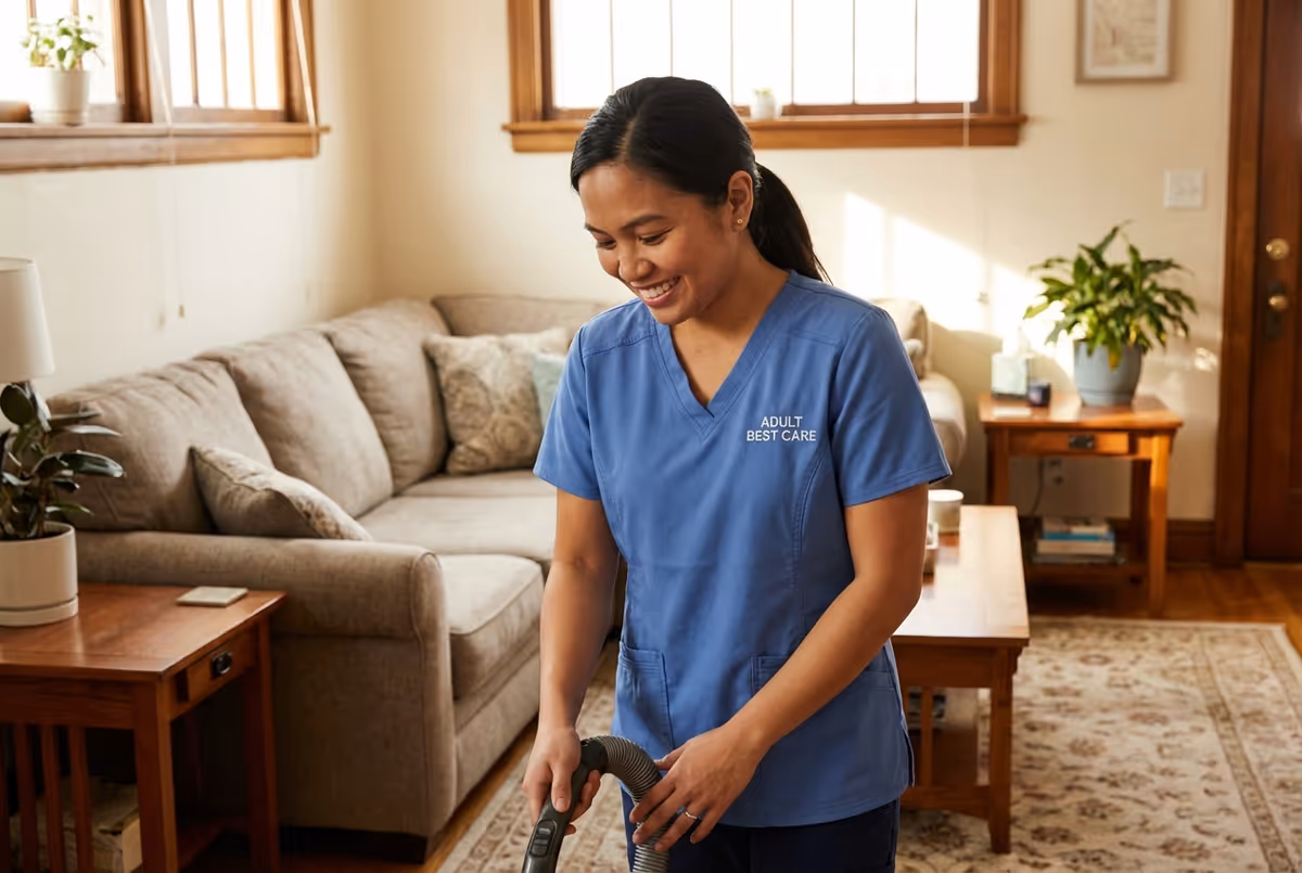 Caregiver in blue scrubs vacuums a cozy living room.