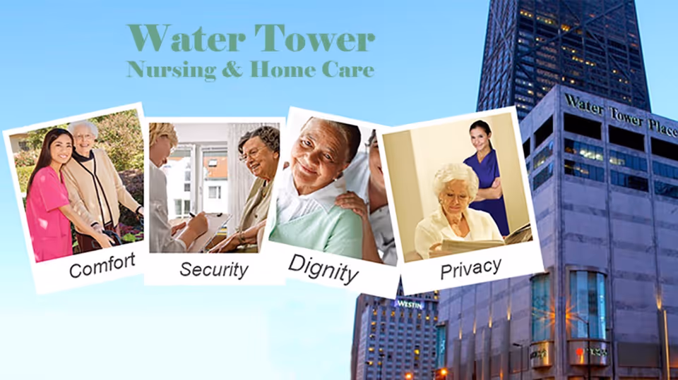 Exterior view of Water Tower Nursing and Home Care building with collage of residents and staff.